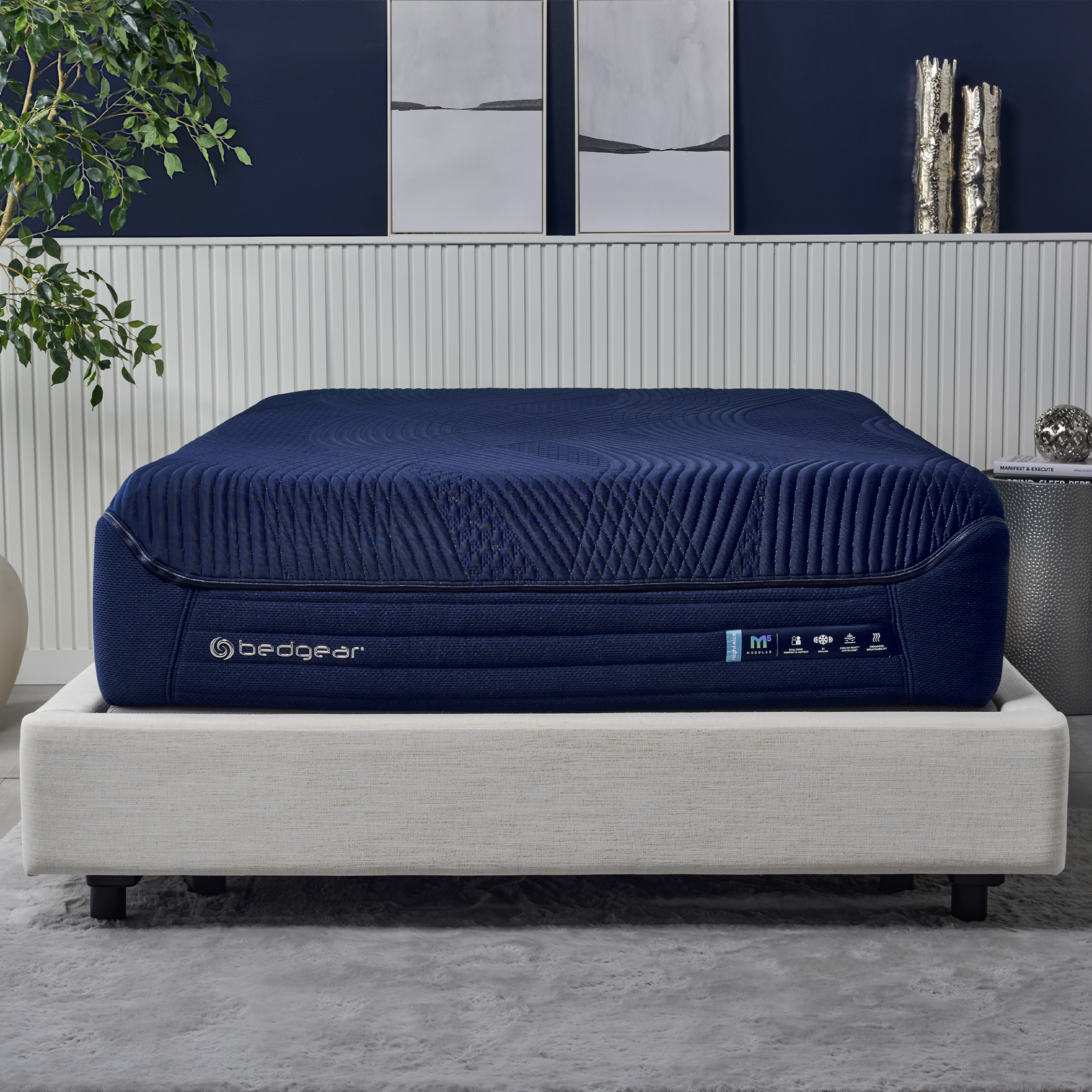 Bedgear M5 Night Ice modular cooling mattress with navy quilted cover, lifestyle view