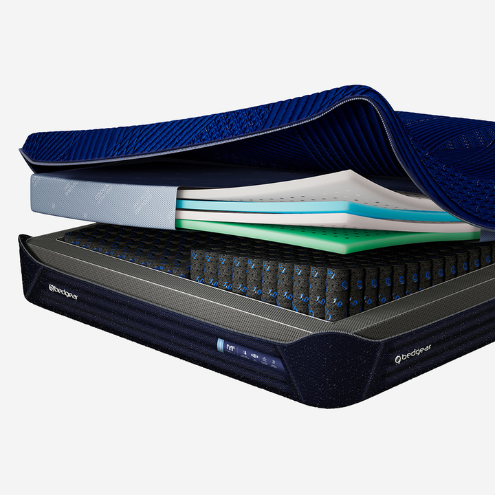 Bedgear M5 Night Ice mattress cutaway showing cooling cover, Cooling React comfort layer, and Independent Suspension units