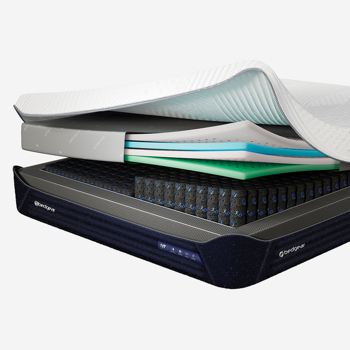 Bedgear M5 Performance mattress cutaway showing Ver-Tex cover, React comfort layer, and Independent Suspension units