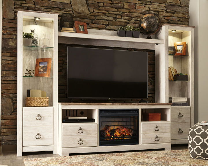 Willowton - Entertainment Center - TV Stand With Faux Firebrick Fireplace Insert - Whitewash