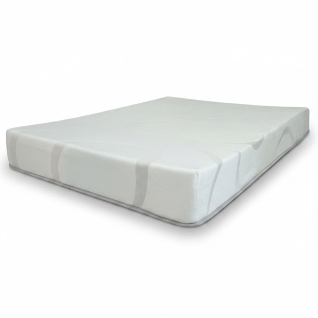 Top view of a 10-inch gel memory foam RV mattress showing the swirl-pattern stretch-knit cover — Magic Sleeper, Montgomery County PA