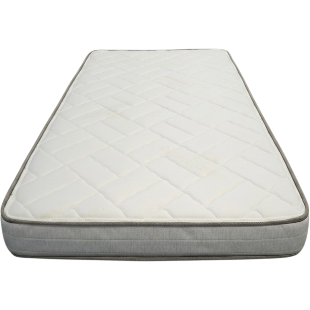 End view of a 5 inch custom size all foam RV bunk mattress with quilted cover, made to order at Magic Sleeper near Philadelphia