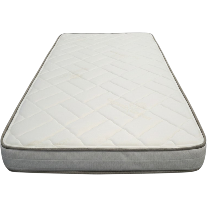 End view of a 5 inch custom size all foam RV bunk mattress with quilted cover, made to order at Magic Sleeper near Philadelphia