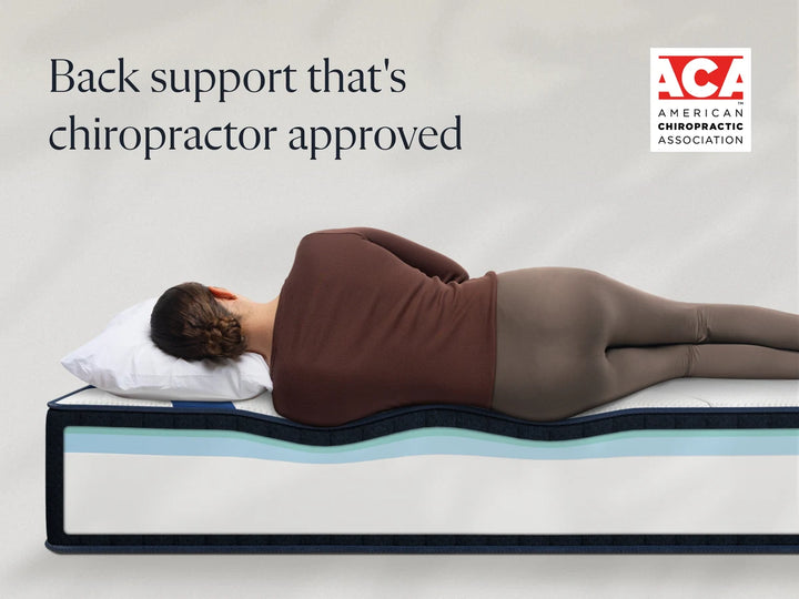 Cross-section of the DreamCloud Classic Memory Foam with a side sleeper, showing chiropractor-approved all-foam support