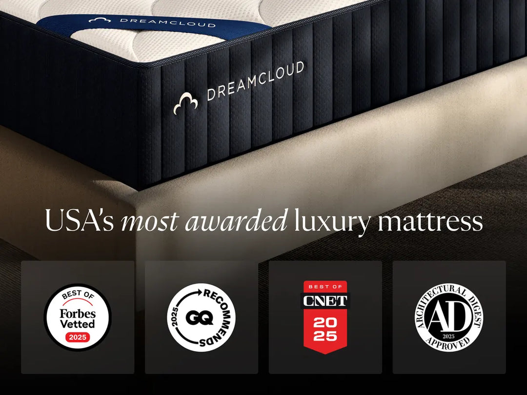 DreamCloud Classic Memory Foam corner detail with award badges naming it one of the USA&