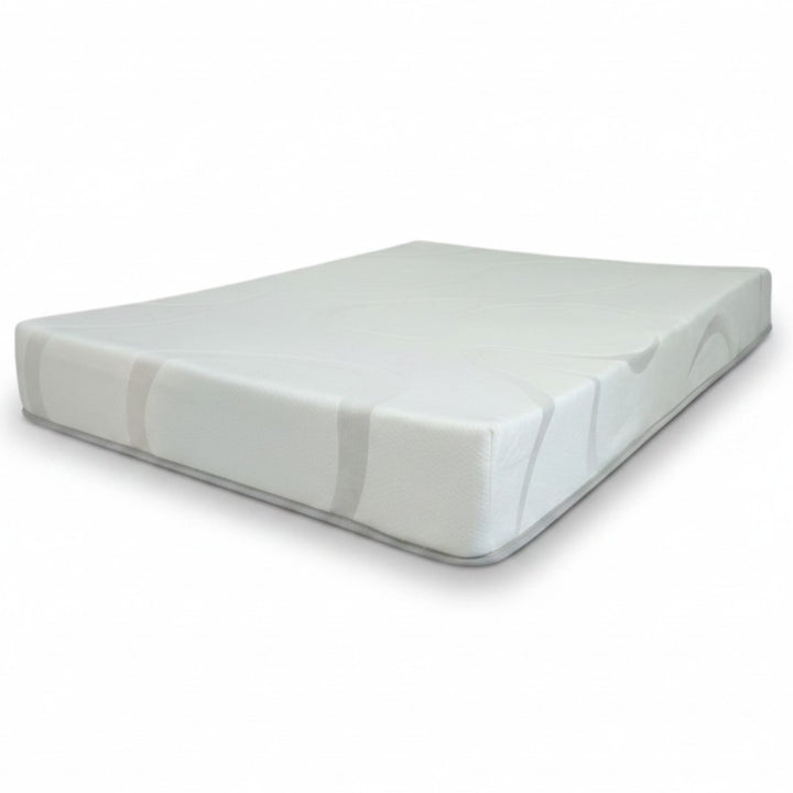 Top view of an 8-inch gel memory foam RV mattress showing the swirl-pattern stretch-knit cover — Magic Sleeper, Montgomery County PA