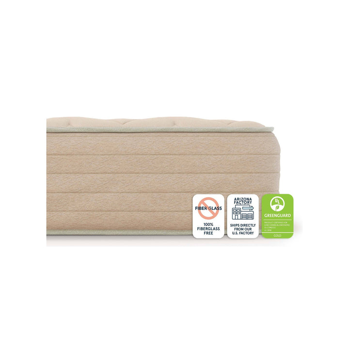 Bear Natural mattress side profile with fiberglass free and GreenGuard badges