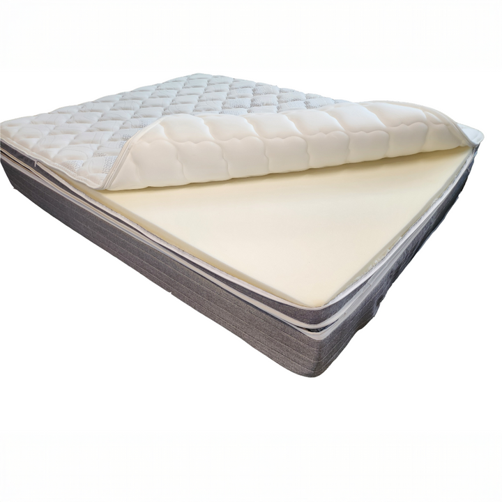 Sleep Number Replacement Cover with the top zipper open with a comfort layer of foam inside.
