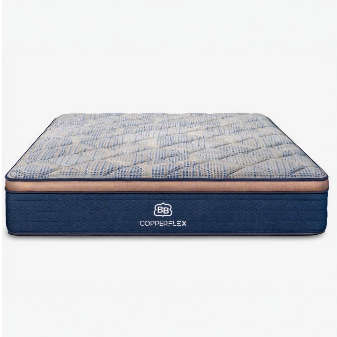 Brooklyn Bedding CopperFlex Hybrid mattress front view, showing the quilted pillow-top and navy CopperFlex base