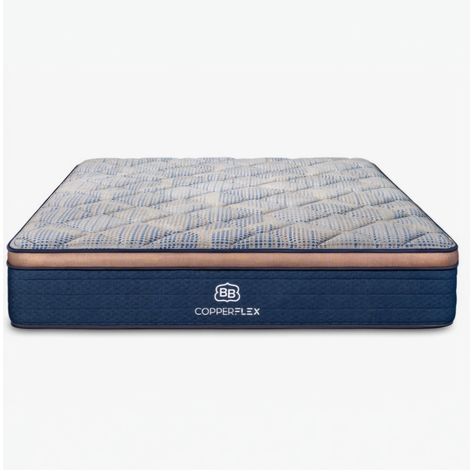 Brooklyn Bedding CopperFlex Hybrid mattress front view, showing the quilted pillow-top and navy CopperFlex base