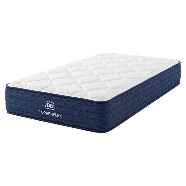 Brooklyn Bedding CopperFlex Hybrid Essential 10-inch mattress, angled view with navy cover and quilted top