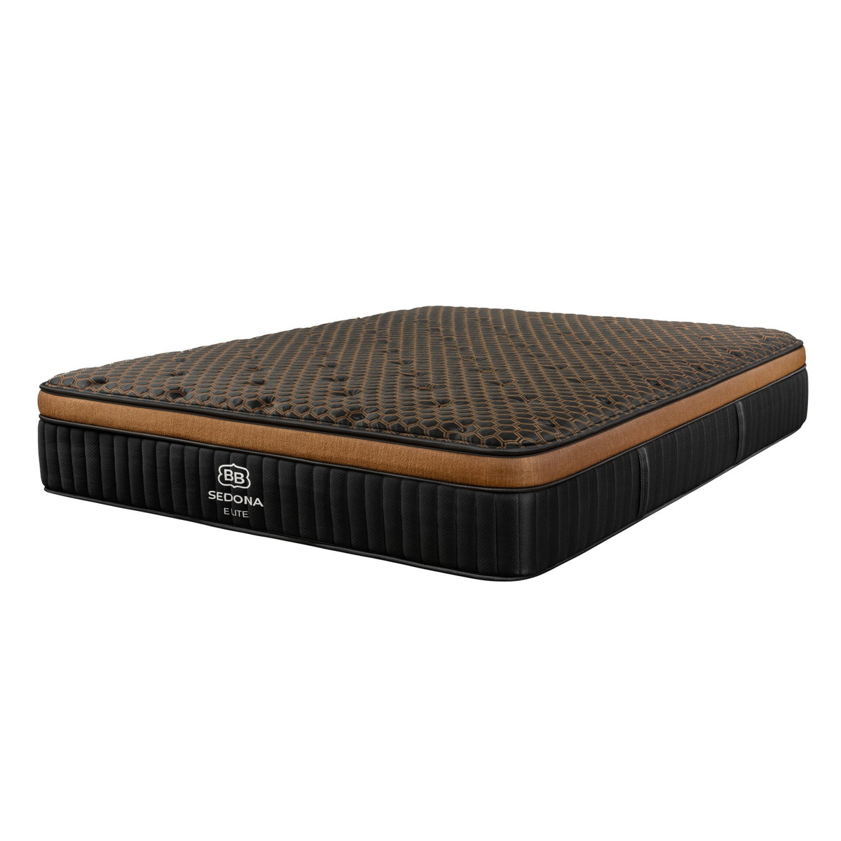 Brooklyn Bedding Sedona LX Elite mattress angle view showing GlacioTex copper cooling cover and black quilted border