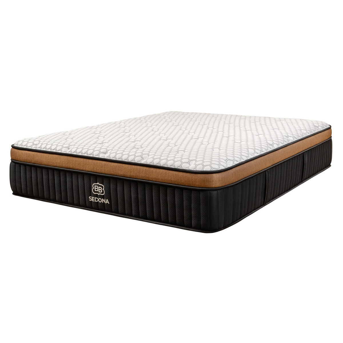 Brooklyn Bedding Sedona LX mattress angle view showing white GlacioTex cooling cover and copper border