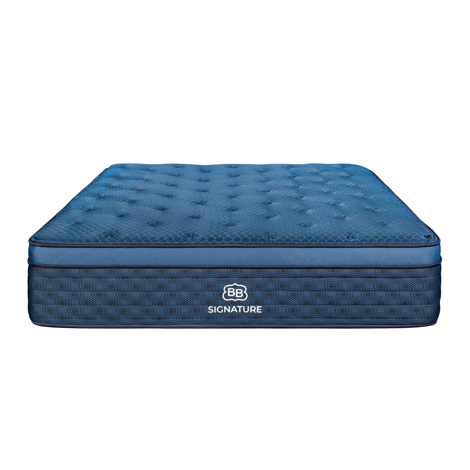 Top view of the Brooklyn Bedding Signature Hybrid mattress with quilted Euro-top in deep blue — fits Twin XL, Queen, King, Short Queen, RV King and custom RV bunk sizes