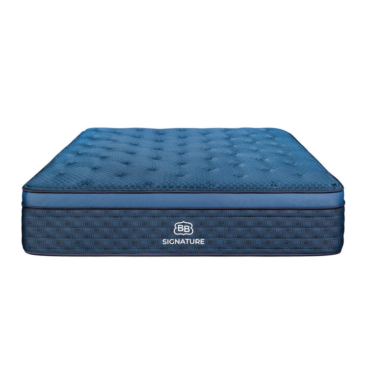 Top view of the Brooklyn Bedding Signature Hybrid mattress with quilted Euro-top in deep blue — fits Twin XL, Queen, King, Short Queen, RV King and custom RV bunk sizes