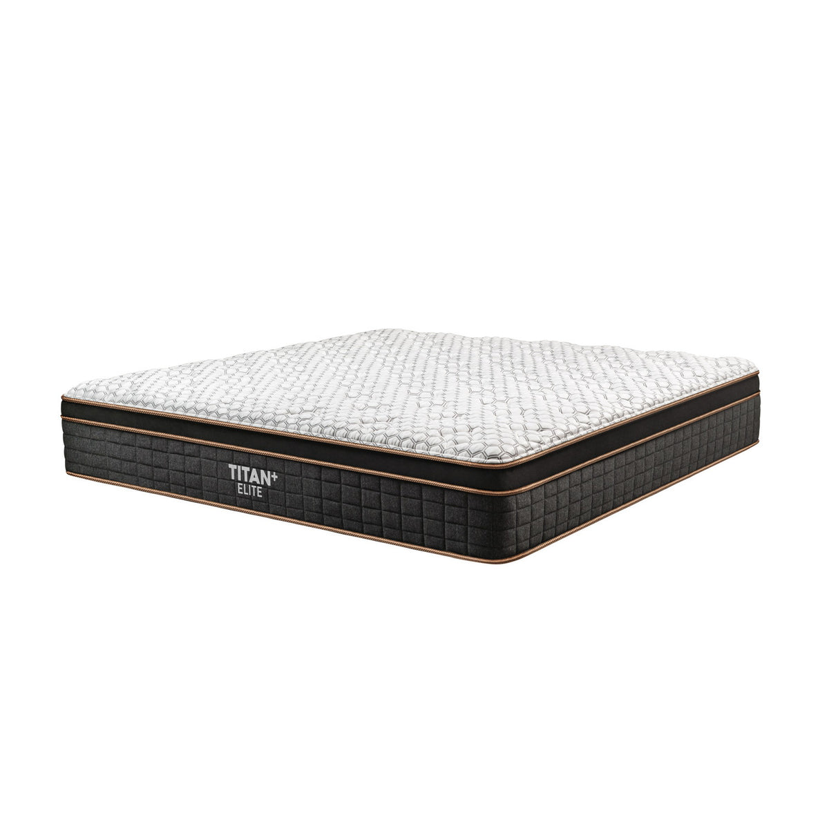 Brooklyn Bedding Titan Plus Elite heavy duty mattress angle view showing GlacioTex+ cooling pillow top and copper piped quilted border