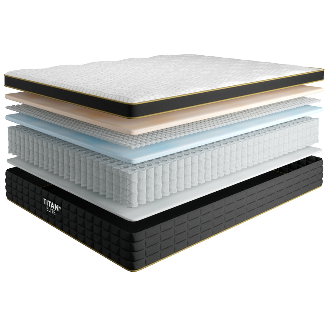 Exploded layer view of the Brooklyn Bedding Titan Plus Elite dual-coil hybrid mattress built to support up to 1000 lbs