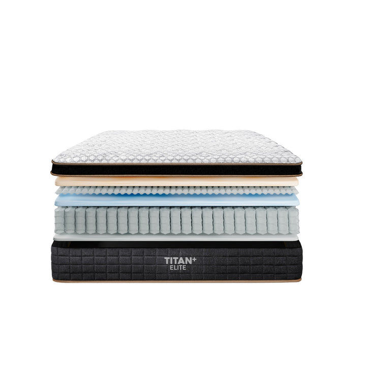 Brooklyn Bedding Titan Plus Elite mattress layers front view: GlacioTex+ pillow top, TitanFlex comfort foam, micro-coils, VariFlex transition foam, 8 inch TitanCore coils, high density base foam
