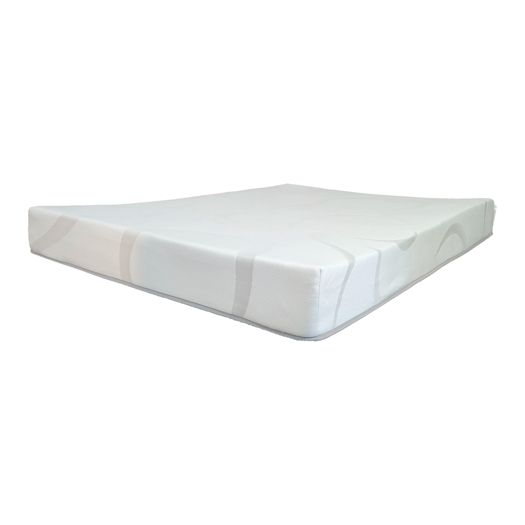 Gel memory foam RV mattress shown from the side angle, highlighting its low profile and swirl-pattern stretch-knit cover