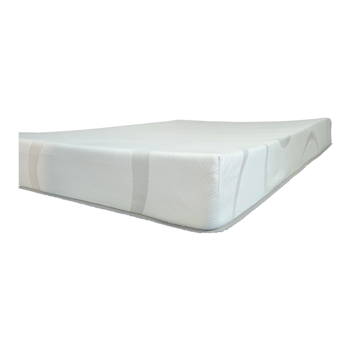 Close-up of the reinforced edge and binding on a gel memory foam RV mattress with a stretch-knit cover