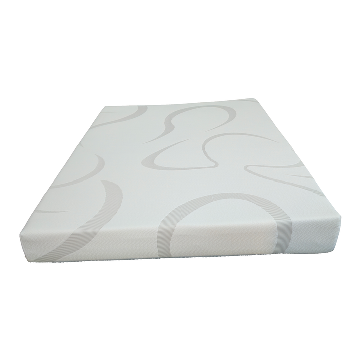 Overhead view of a gel memory foam RV mattress with a breathable swirl-pattern stretch-knit cover
