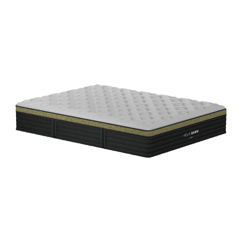 Helix Dawn Luxe mattress corner view showing the 13.5 inch profile and quilted cooling top