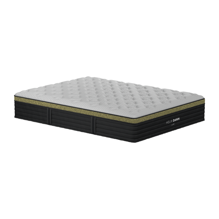 Helix Dawn Luxe mattress corner view showing the 13.5 inch profile and quilted cooling top