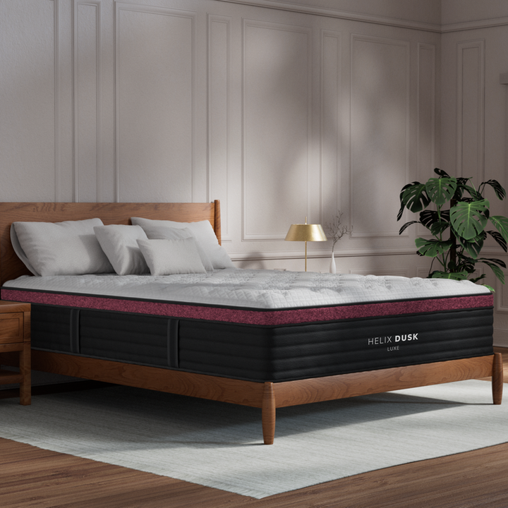 Helix Dusk Luxe mattress angled bedroom view on a platform bed frame