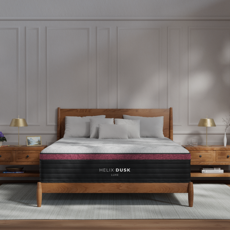 Helix Dusk Luxe medium mattress styled on a wood bed frame in a Pottstown PA bedroom