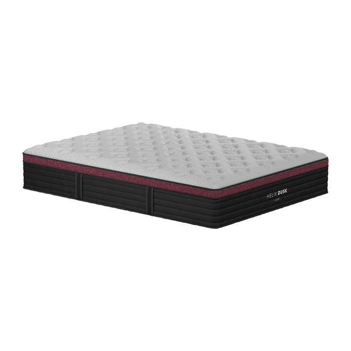 Helix Dusk Luxe mattress corner view showing the 13.5 inch profile and quilted pillow top