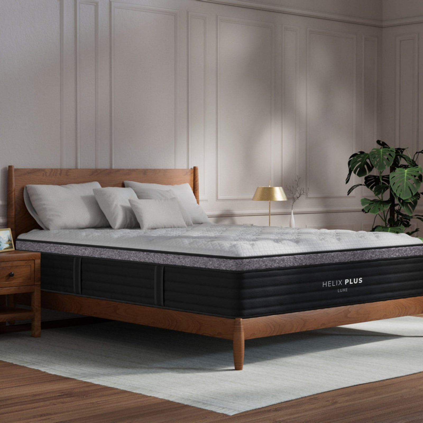 Helix Plus Luxe mattress in a styled bedroom setting, corner view