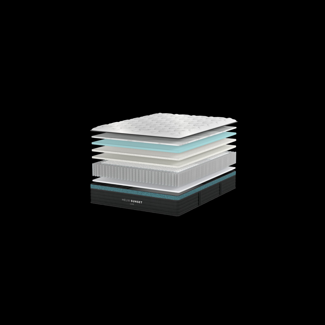 Helix Sunset Luxe mattress cutaway showing gel memory foam and zoned support coil layers