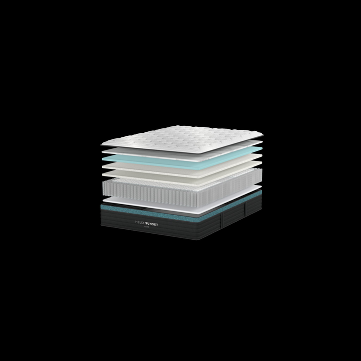 Helix Sunset Luxe mattress cutaway showing gel memory foam and zoned support coil layers