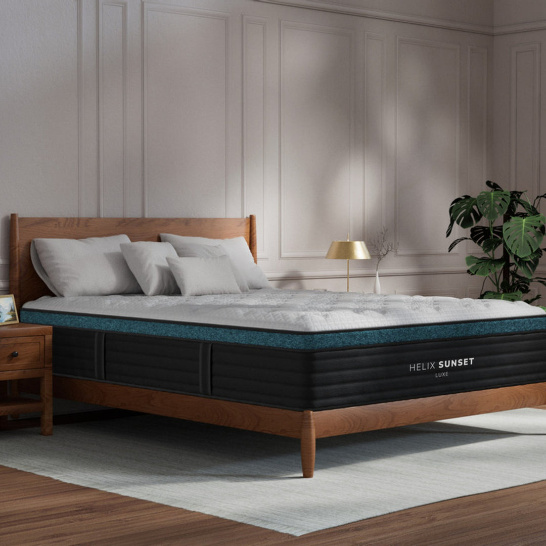 Helix Sunset Luxe mattress angled view in a bedroom, available to try in Pottstown PA