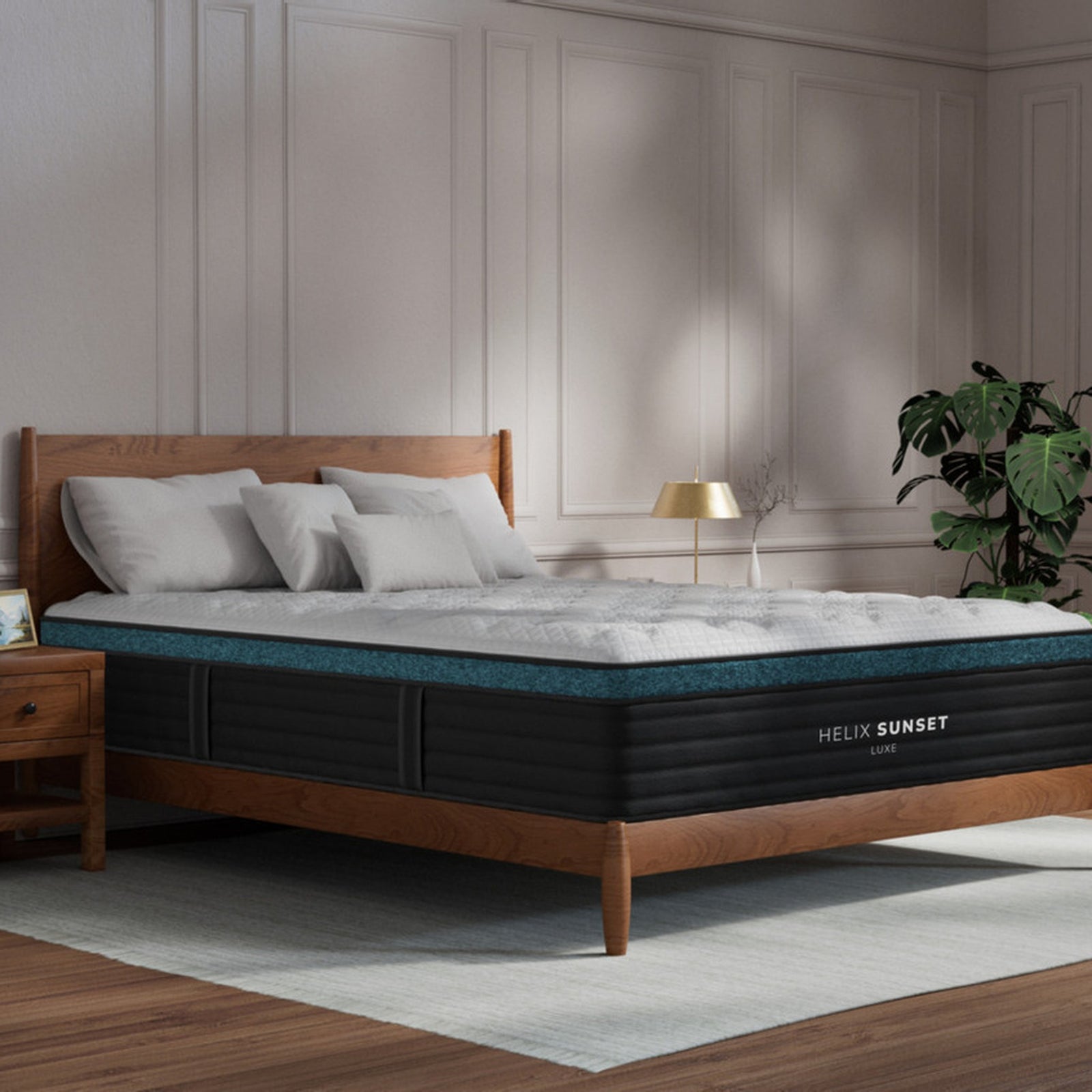 Helix Sunset Luxe mattress angled view in a bedroom, available to try in Pottstown PA