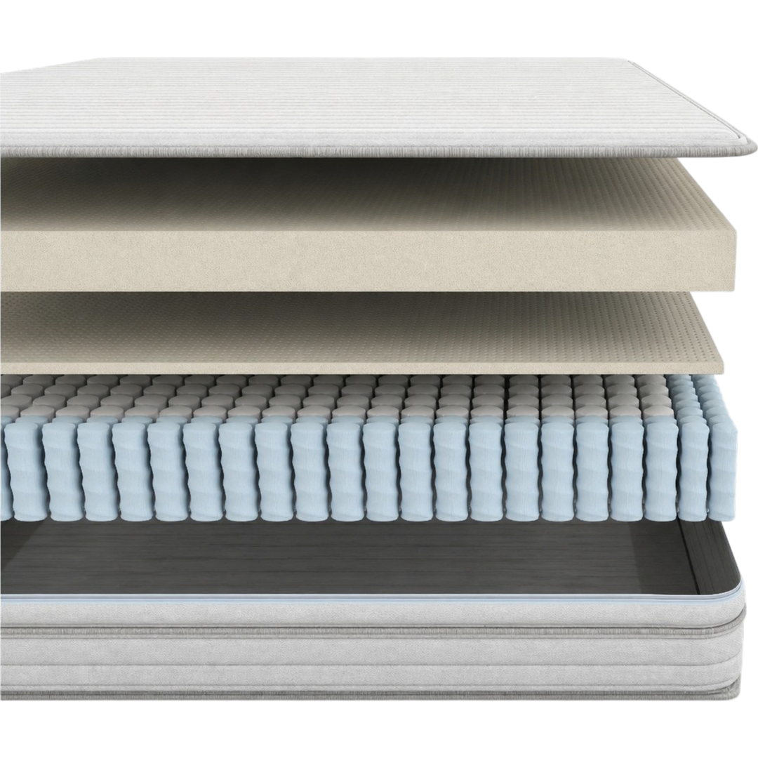 Close-up of the Meadow natural latex hybrid mattress construction - quilted hemp and wool cover, 100% natural Talalay latex comfort layers, and Quantum Edge wrapped coils