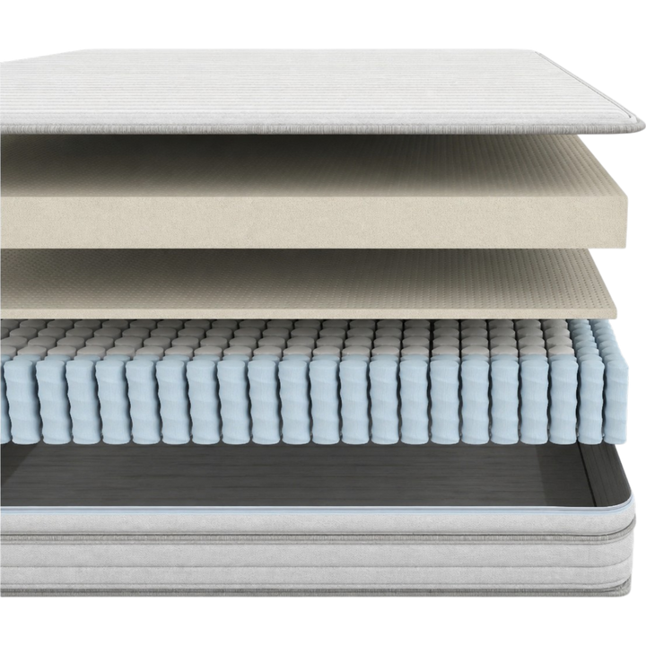 Close-up of the Meadow natural latex hybrid mattress construction - quilted hemp and wool cover, 100% natural Talalay latex comfort layers, and Quantum Edge wrapped coils