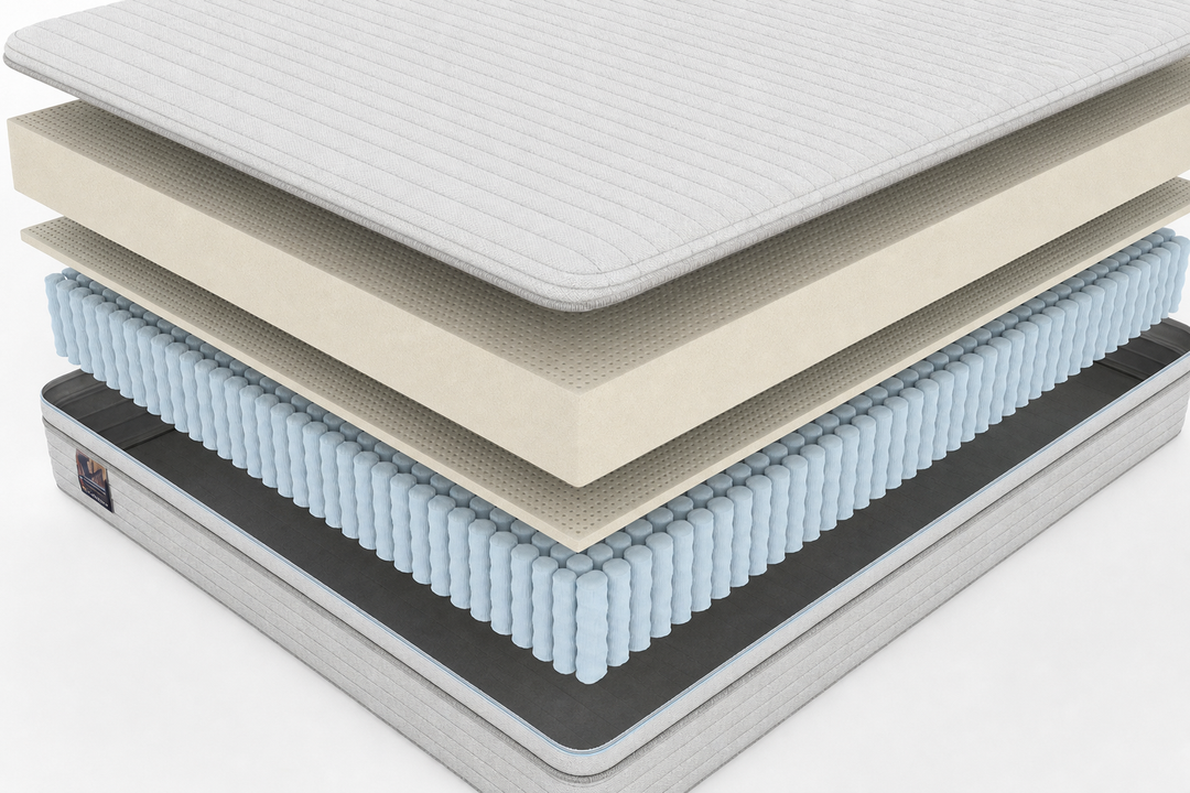 Corner cutaway of the Magic Sleeper Meadow natural Talalay latex zippered hybrid mattress showing the hemp and wool quilted cover, 100% natural latex comfort layers, and Quantum Edge pocketed coils