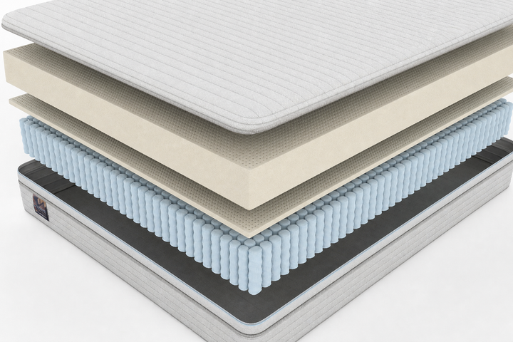 Corner cutaway of the Magic Sleeper Meadow natural Talalay latex zippered hybrid mattress showing the hemp and wool quilted cover, 100% natural latex comfort layers, and Quantum Edge pocketed coils