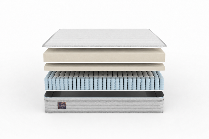 Front exploded view of the Meadow natural latex zippered hybrid mattress layers - hemp zippered cover, dual 100% natural Talalay latex layers, and Quantum Edge wrapped coil support unit