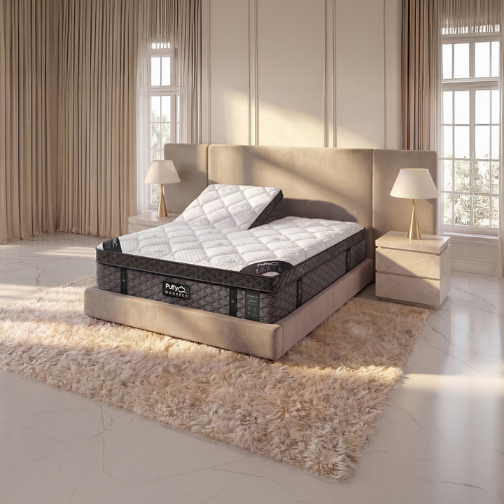 Split head Puffy Monarch mattress shown with independently raised head sections, designed for use with adjustable bases — sold at Magic Sleeper, Pottstown, PA.