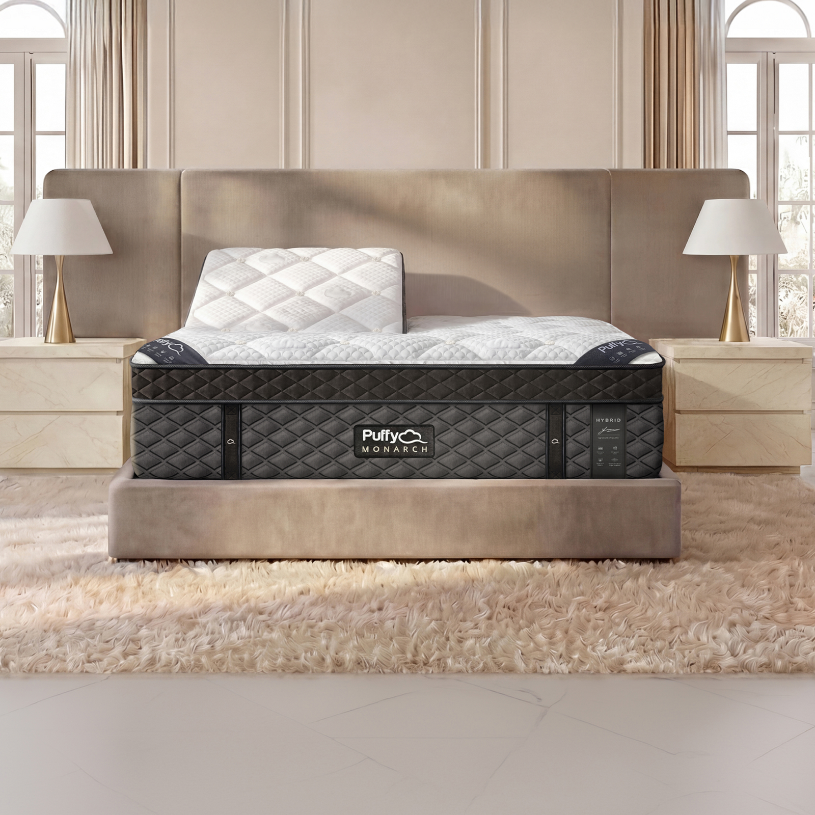 Puffy Monarch luxury hybrid mattress in split head king configuration, ideal for couples with different sleep preferences, available at Magic Sleeper in Pottstown, PA.