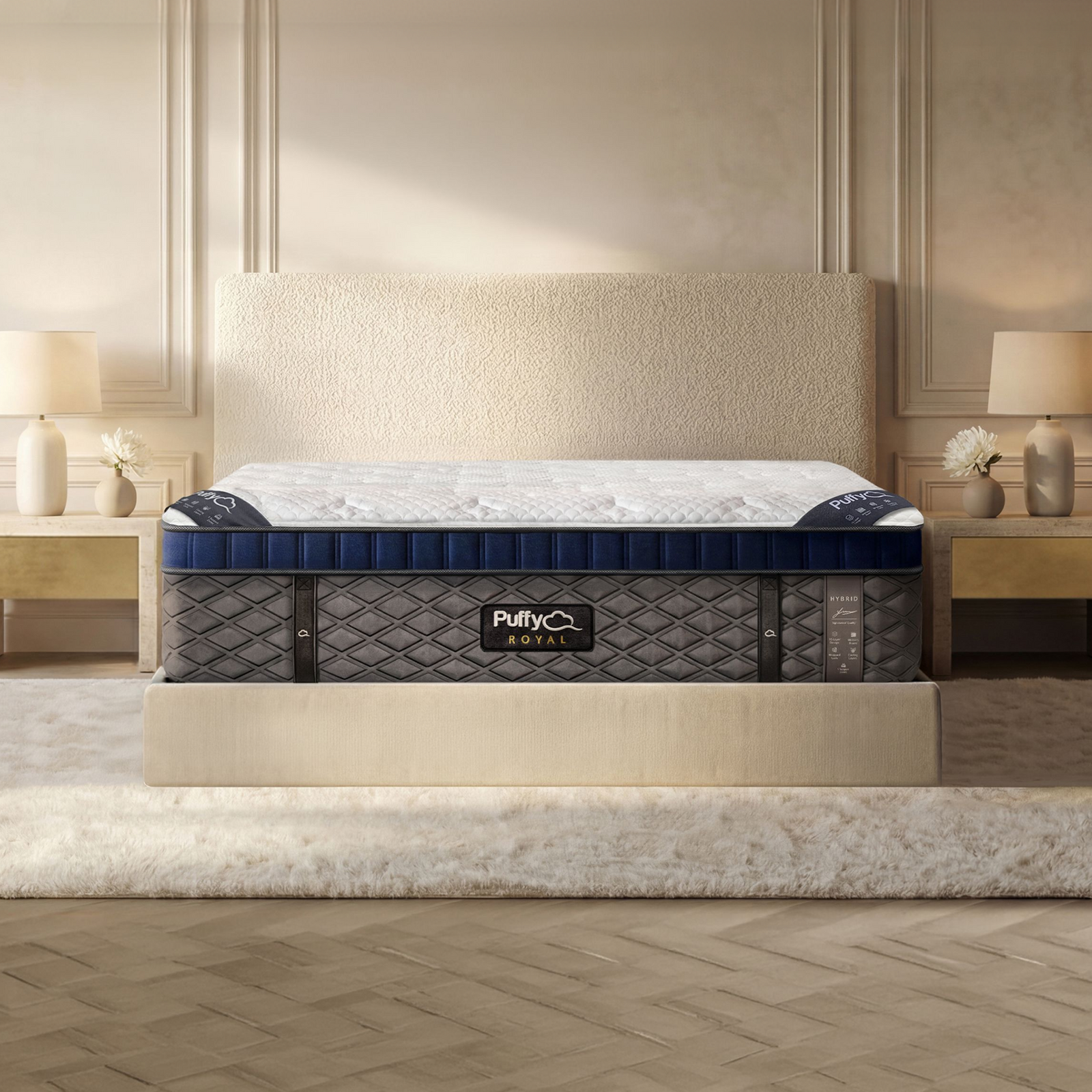 Front view of the Puffy Royal 14-inch ultra-plush hybrid mattress styled in a modern master bedroom, sold by Magic Sleeper in Pottstown, PA.