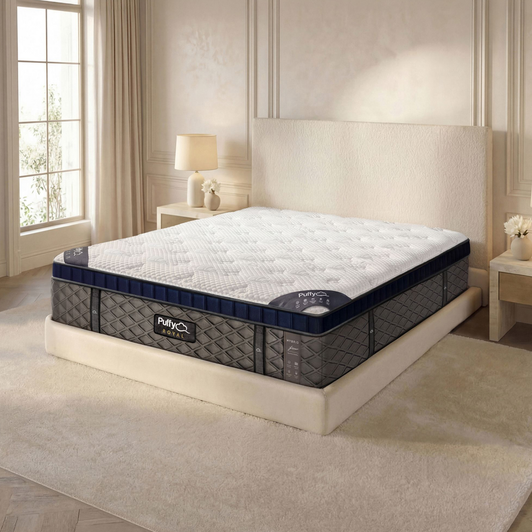 Angled corner view of the Puffy Royal ultra-plush mattress highlighting its 14-inch profile and 5-zone targeted support — available at Magic Sleeper, Pottstown, PA.