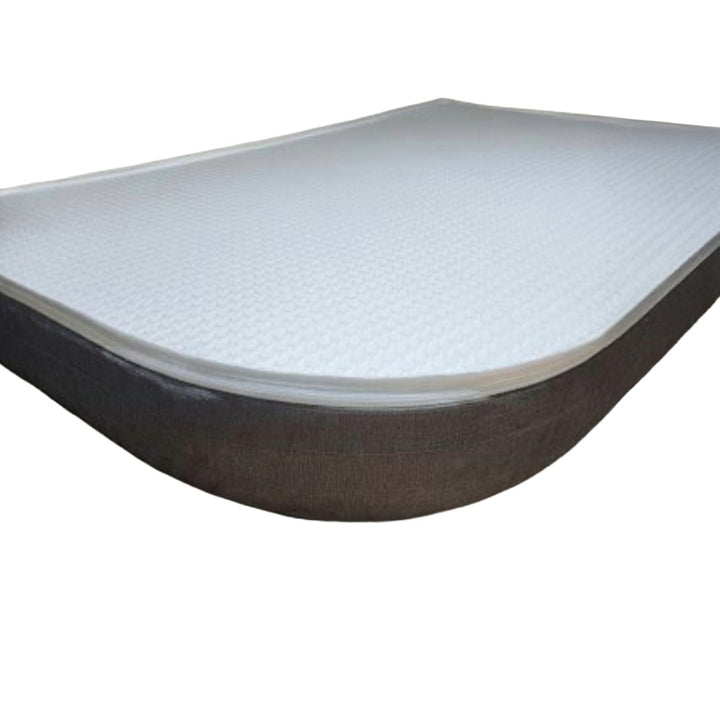 Scamp dinette cushion mattress shell with foam topper, custom-cut to the Scamp radius curve
