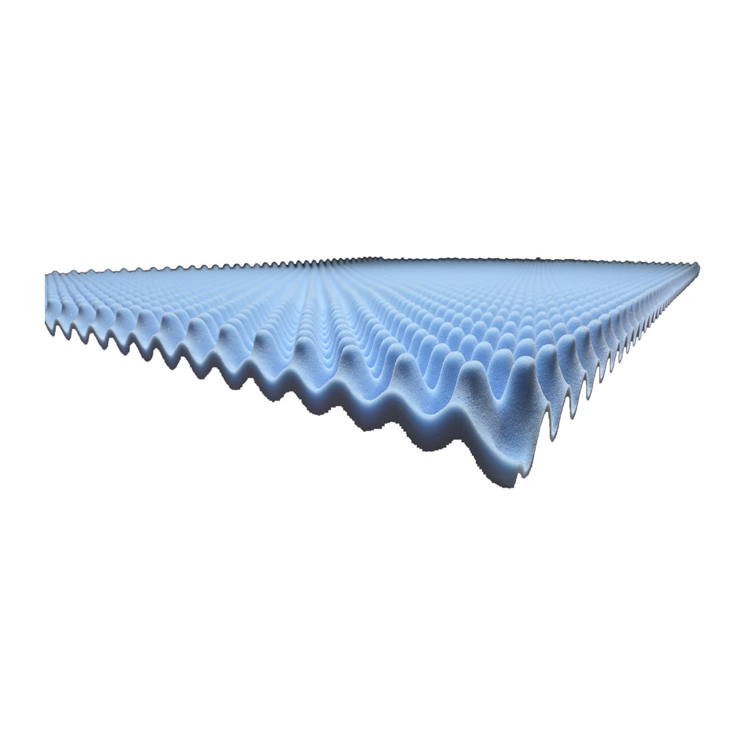 Angled view of blue egg crate convoluted foam comfort layer for Sleep Number beds