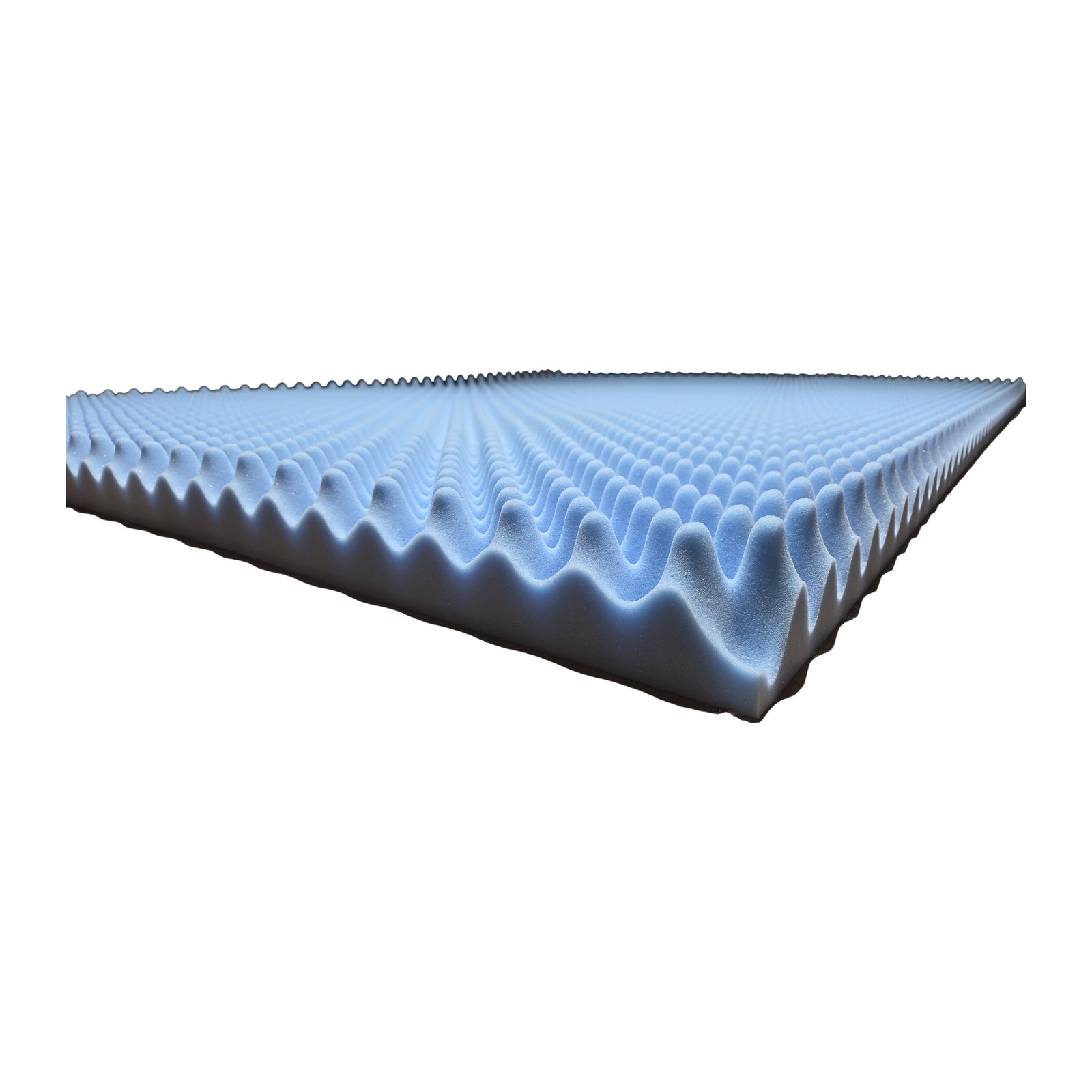 Angled view of blue egg crate convoluted foam comfort layer for Sleep Number FlexTop split-head beds