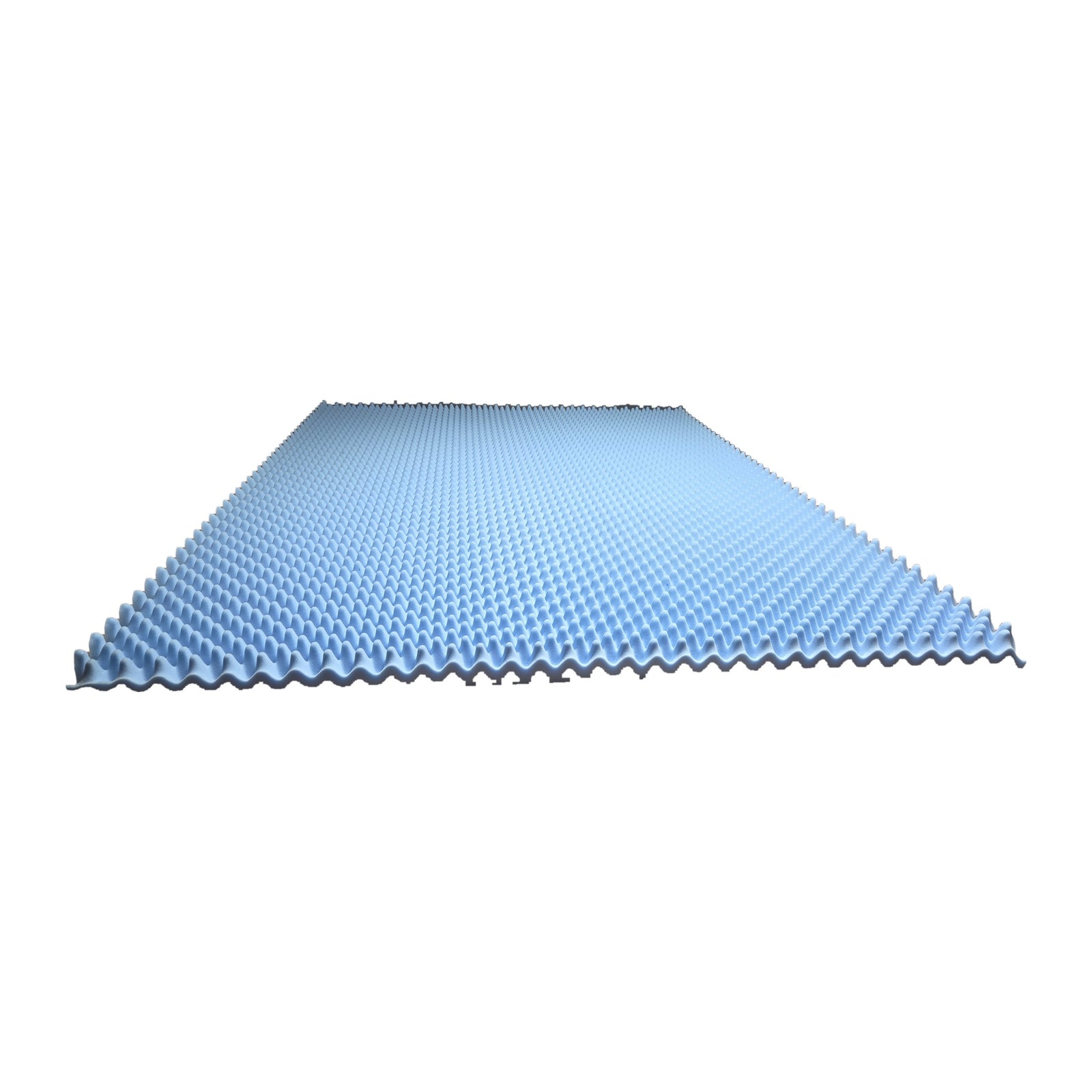 Full sheet of blue egg crate replacement foam for Sleep Number beds on the cutting table at Magic Sleeper, Pottstown PA