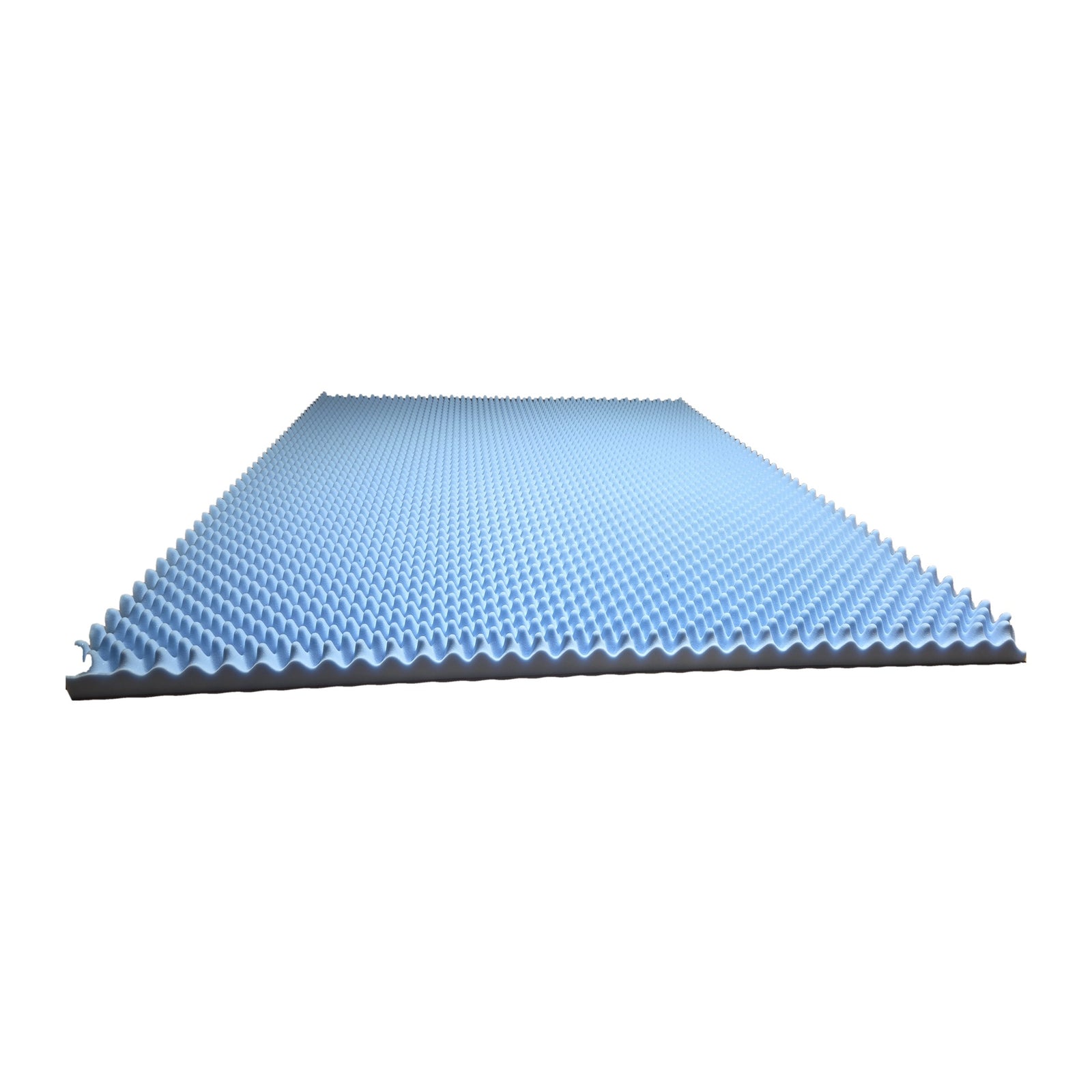 Full sheet of blue egg crate replacement foam for Sleep Number beds on the cutting table at Magic Sleeper, Pottstown PA