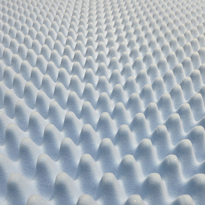 Close-up of blue convoluted egg crate foam surface texture and airflow channels
